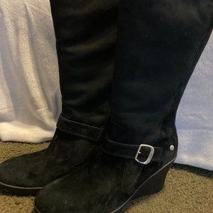 Ugg Black Suede Shearling Lined Gisselle Wedges Tall Boots - Size 10